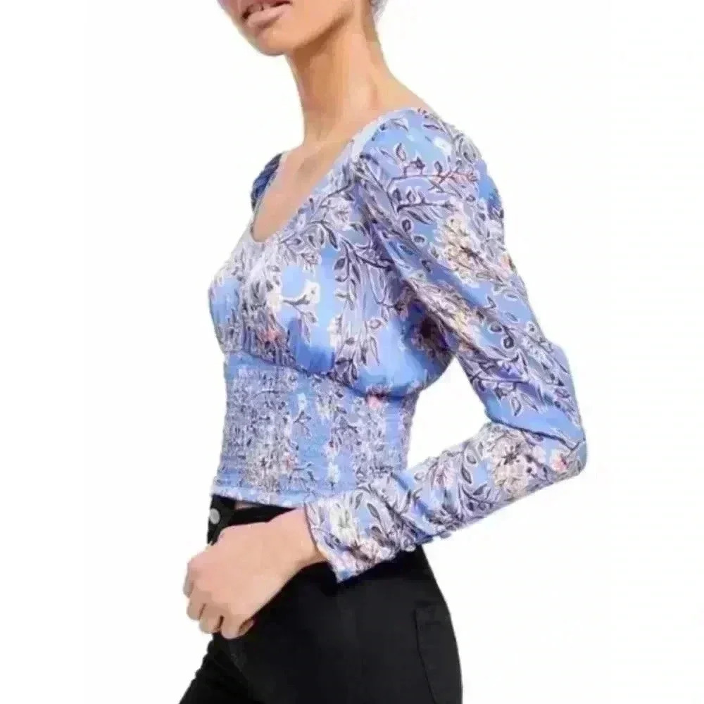 Free People Santiago Blouse SMALL Blue Floral Puff Sleeve Ruched Smocked Boho
